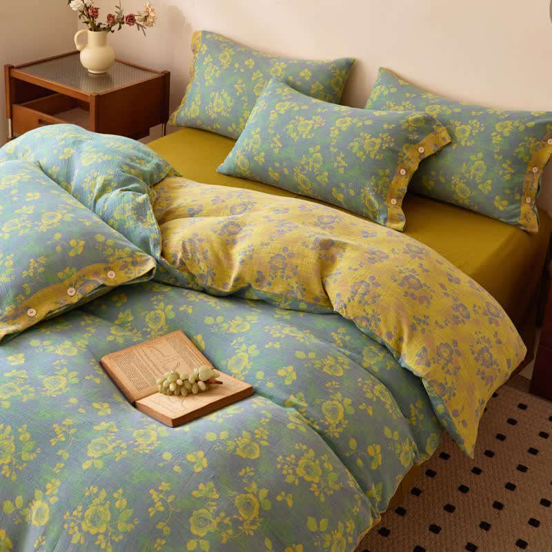 Linge de lit en gaze de coton à motifs de roses vertes et jaunes - image 2