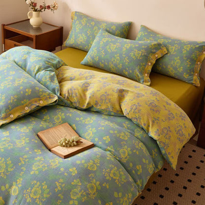 Linge de lit en gaze de coton à motifs de roses vertes et jaunes - image 2