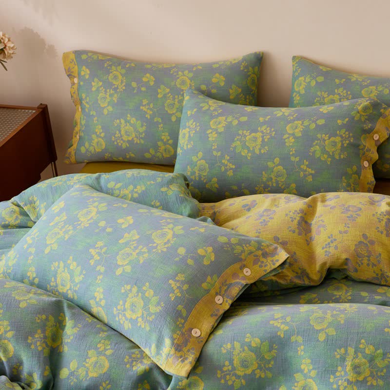 Linge de lit en gaze de coton à motifs de roses vertes et jaunes - image 7