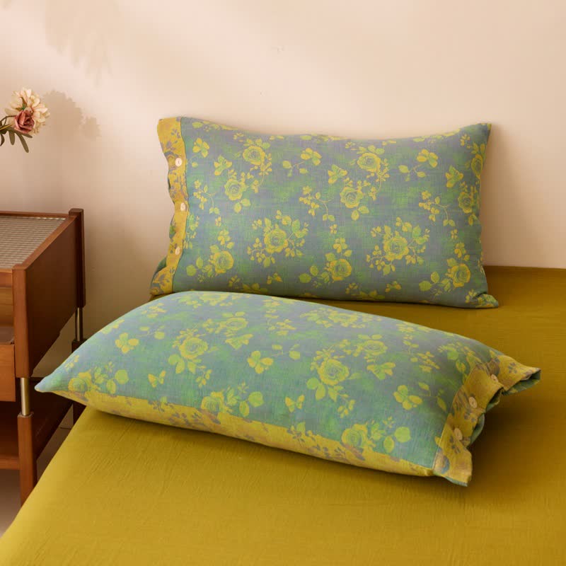 Linge de lit en gaze de coton à motifs de roses vertes et jaunes - image 8
