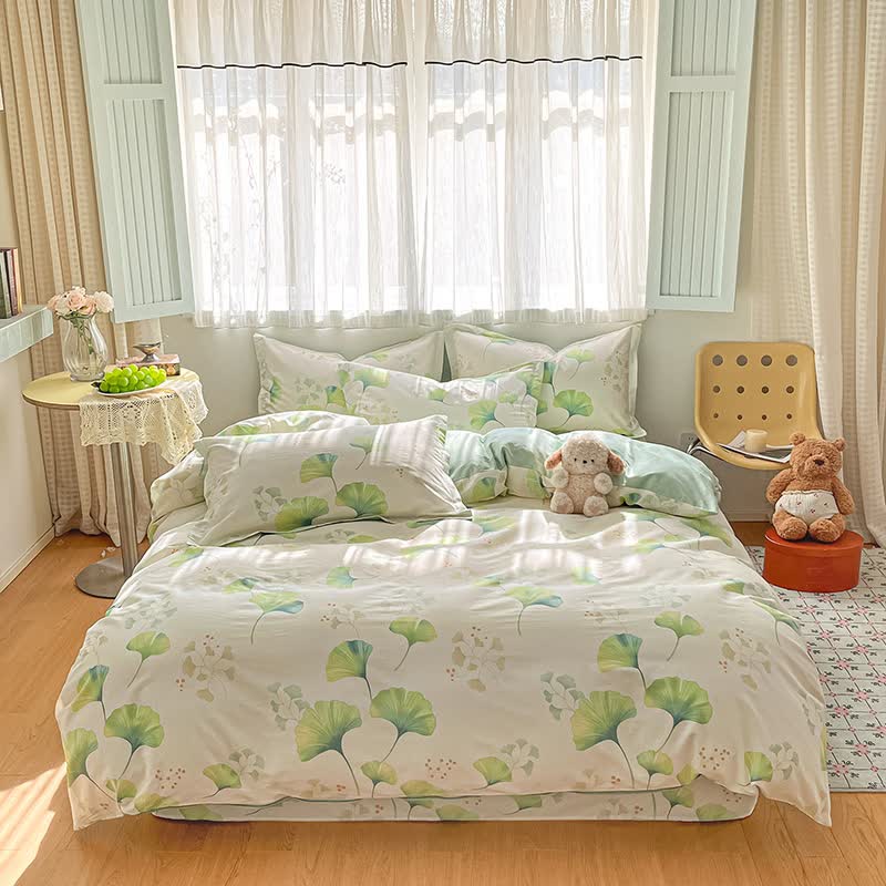 Ensemble de literie en coton avec motif de feuilles de ginkgo vert frais (4 pièces) - image 1