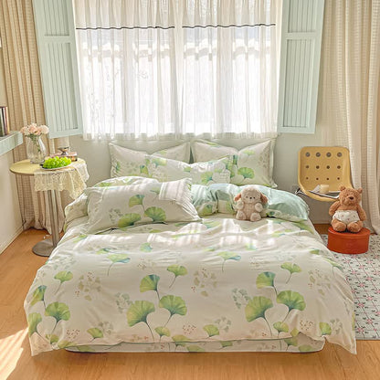 Ensemble de literie en coton avec motif de feuilles de ginkgo vert frais (4 pièces) - image 1