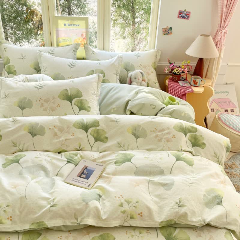 Linge de lit en coton frais et rustique à motif de feuilles de ginkgo - image 1