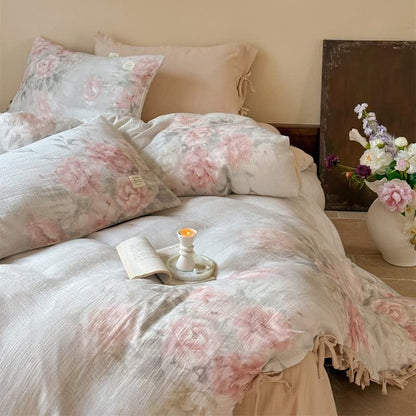Parure de lit élégante à motif pivoine et liens en coton (4 pièces) - image 5