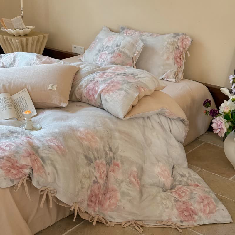 Parure de lit élégante à motif pivoine et liens en coton (4 pièces) - image 3