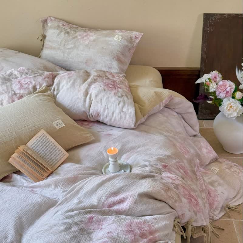 Parure de lit élégante à motif pivoine et liens en coton (4 pièces) - image 1