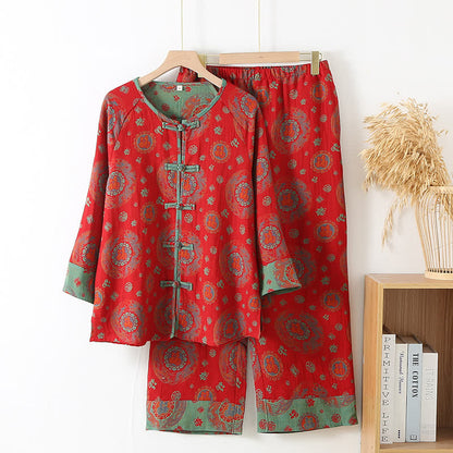 Ensemble de vêtements d'intérieur en coton avec un motif Fu circulaire oriental - Rouge - XL - image 0