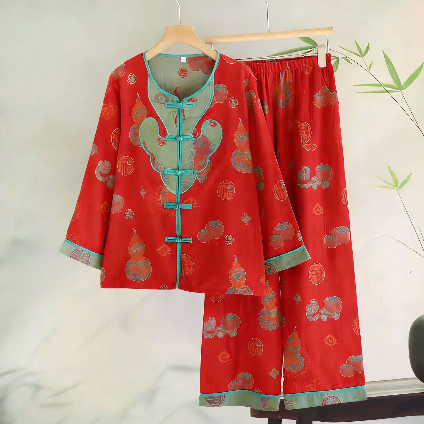 Pyjama en gaze de coton jacquard à motif citrouille orientale - Rouge - XL - image 0