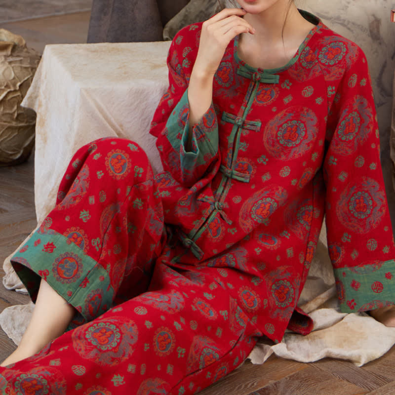 Ensemble de vêtements d'intérieur en coton avec un motif Fu circulaire oriental - image 3