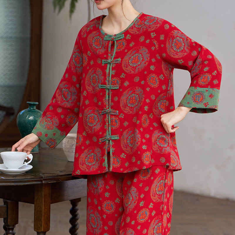 Ensemble de vêtements d'intérieur en coton avec un motif Fu circulaire oriental - image 5
