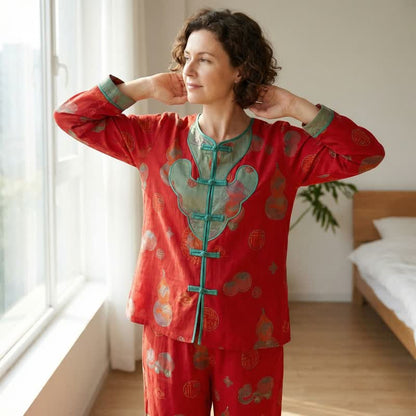 Pyjama en gaze de coton jacquard à motif citrouille orientale - image 1