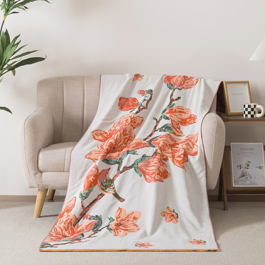 Serviette de bain luxueuse en gaze de coton à motifs floraux et d'oiseaux - Rouge - 90 cm x 180 cm - image 0