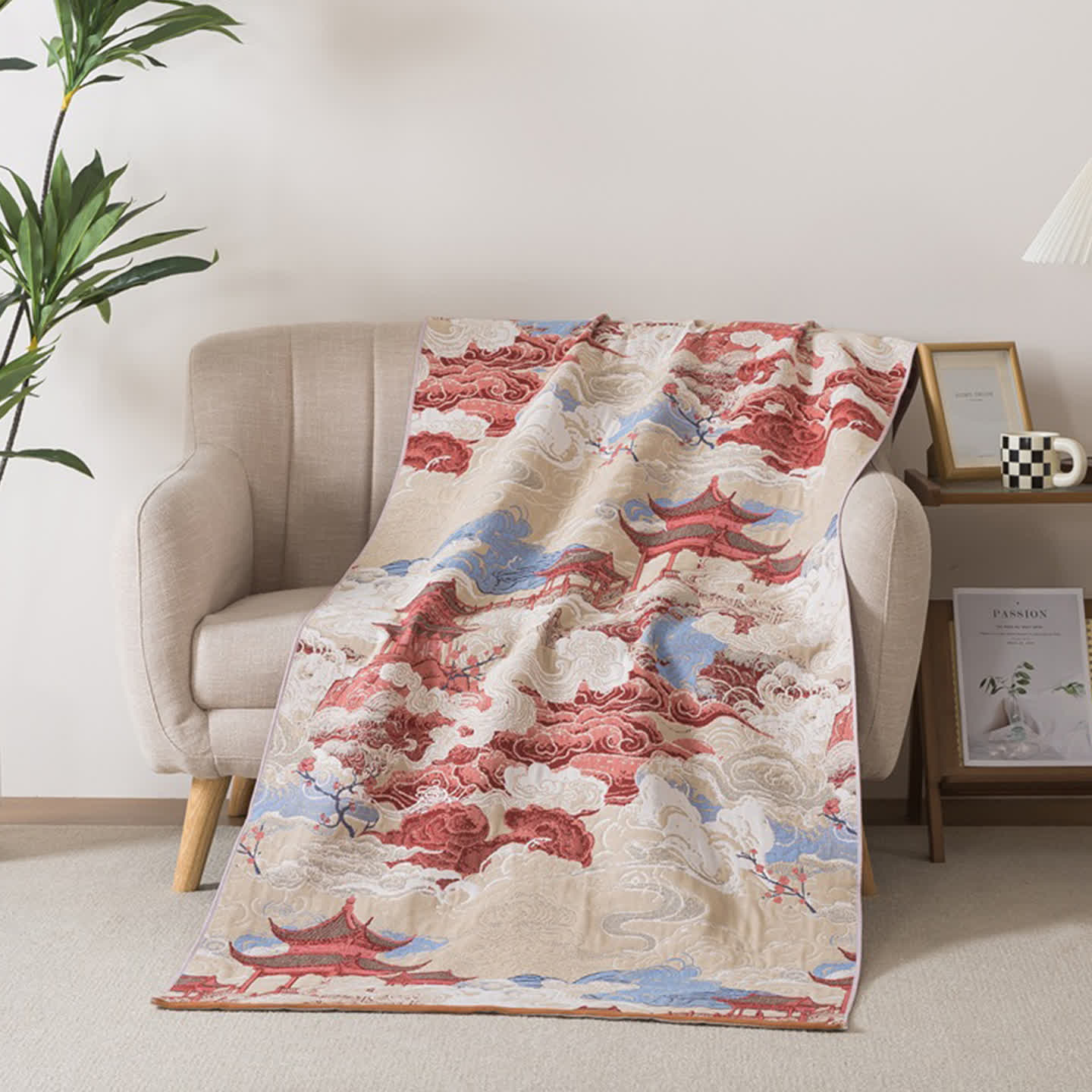 Serviette de bain orientale en coton à motif de nuage et de pavillon - 90 cm x 180 cm - image 0