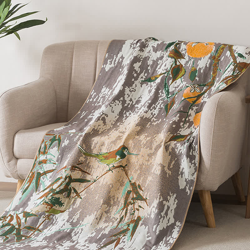 Serviette de bain en gaze de coton à motif de feuille de bambou et d'oiseau - image 1
