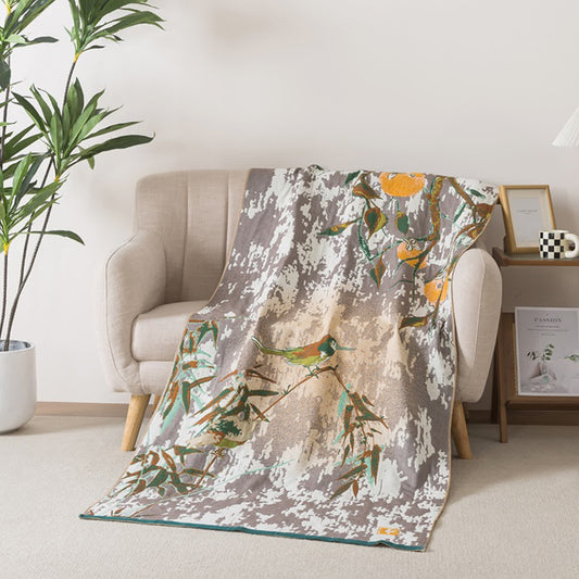 Serviette de bain en gaze de coton à motif de feuille de bambou et d'oiseau - 90 cm x 180 cm - image 0