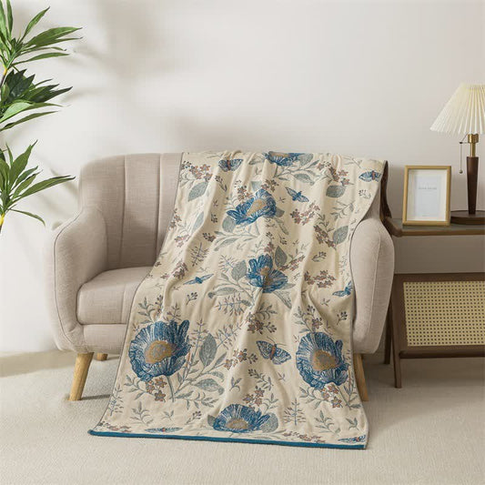 Serviette de bain en gaze de pur coton à motifs floraux et papillons - 90 cm x 180 cm - image 0