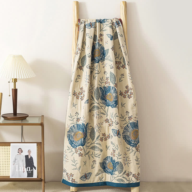 Serviette de bain en gaze de pur coton à motifs floraux et papillons - image 2