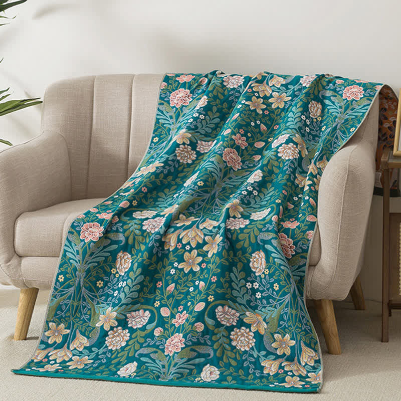 Serviette de bain en gaze de coton à motif botanique de fleurs et de feuilles - image 1