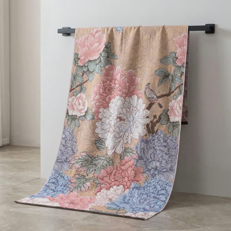 Serviette de bain luxueuse en gaze de coton à motif pivoine - image 2