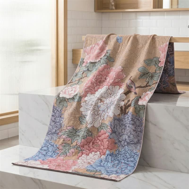 Serviette de bain luxueuse en gaze de coton à motif pivoine - image 1