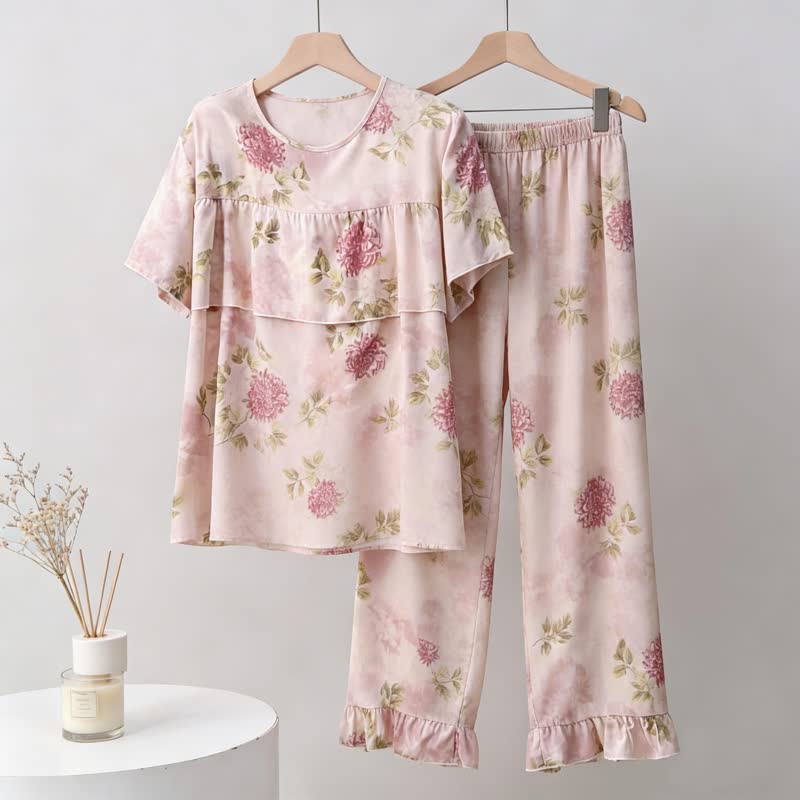 Ensemble pyjama rose à col rond et motif chrysanthème - Rose - 3XL - image 0