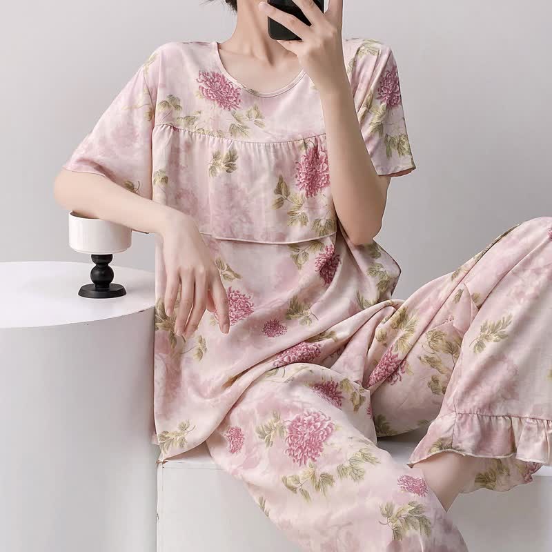Ensemble pyjama rose à col rond et motif chrysanthème - image 3