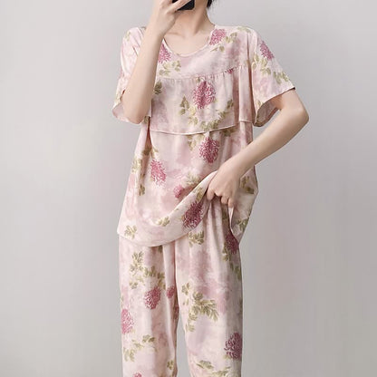 Ensemble pyjama rose à col rond et motif chrysanthème - image 4
