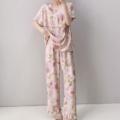 Ensemble pyjama rose à col rond et motif chrysanthème - image 2