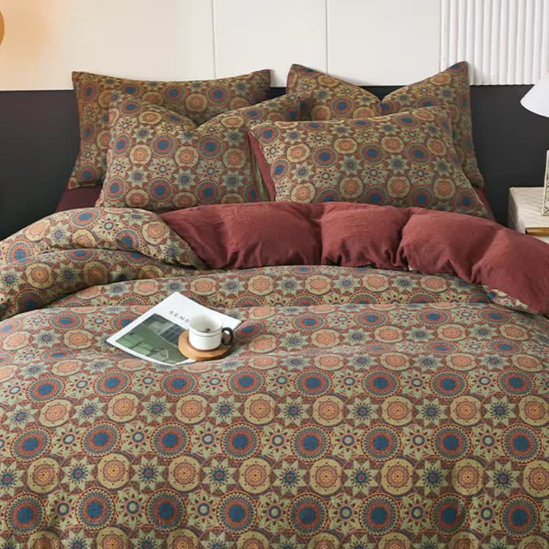 Linge de lit vintage en double gaze de coton jacquard à médaillon - image 1