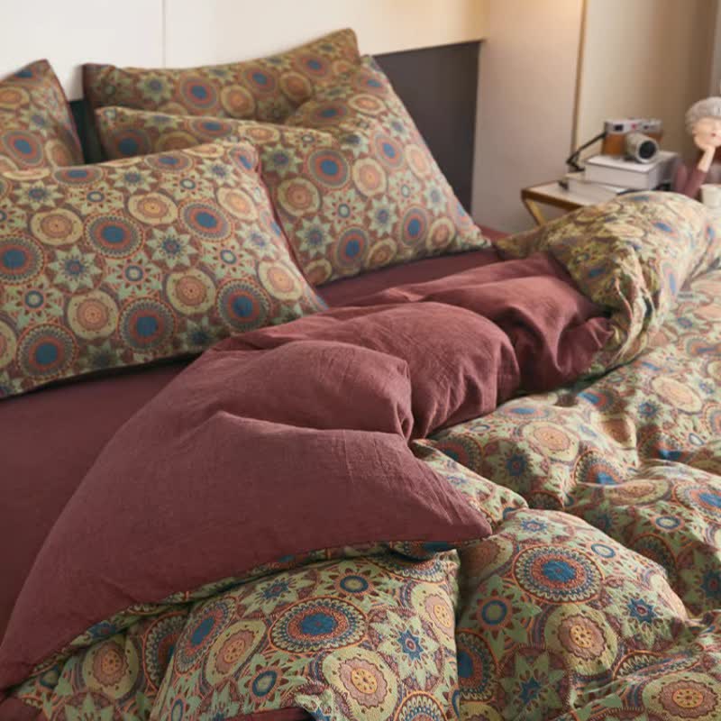 Linge de lit vintage en double gaze de coton jacquard à médaillon - image 3