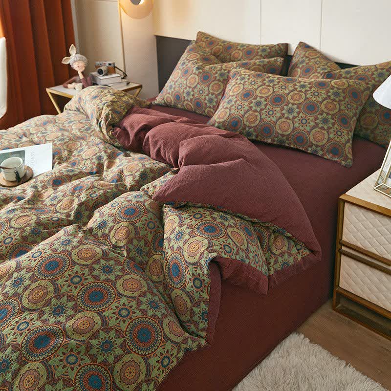 Linge de lit vintage en double gaze de coton jacquard à médaillon - Rouge - draps de lit - 220 cm x 240 cm - image 0