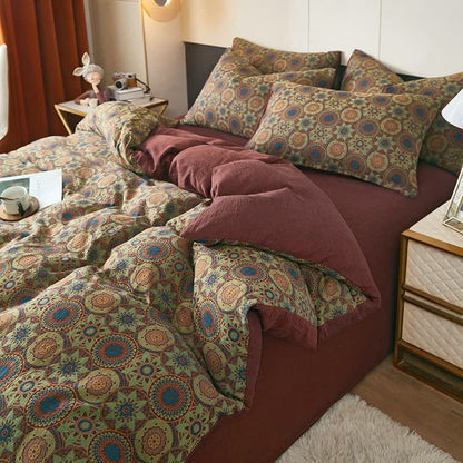 Linge de lit vintage en double gaze de coton jacquard à médaillon - Rouge - draps de lit - 220 cm x 240 cm - image 0