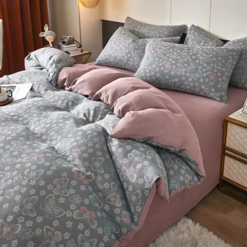 Linge de lit en double gaze de coton à motifs papillons et fleurs - Gris - draps de lit - 220 cm x 240 cm - image 0