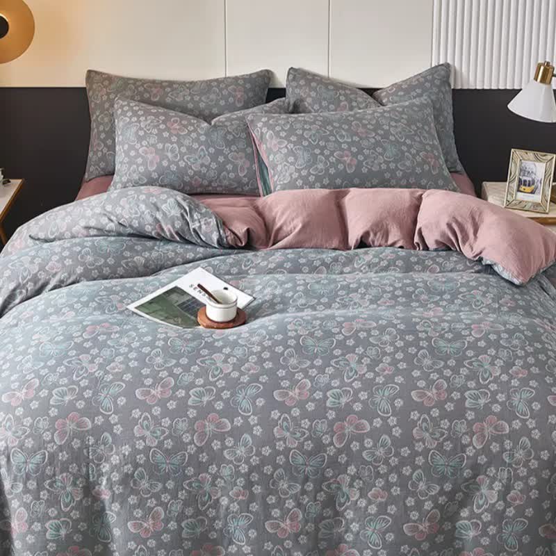 Linge de lit en double gaze de coton à motifs papillons et fleurs - image 1
