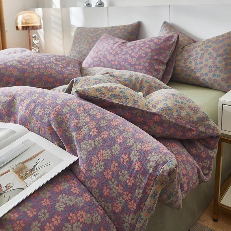 Linge de lit en double gaze de coton à motif floral champêtre délicat - Violet - draps de lit - 220 cm x 240 cm - image 0