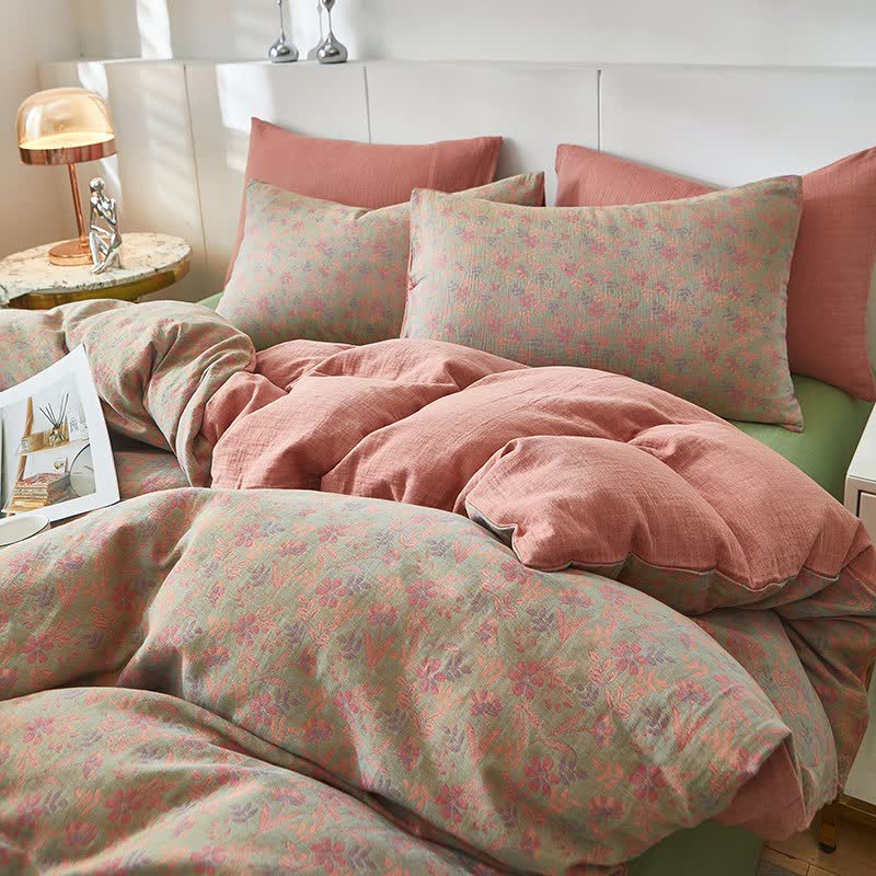 Linge de lit en double gaze de coton à motif champêtre et feuilles - Rose - draps de lit - 220 cm x 240 cm - image 0