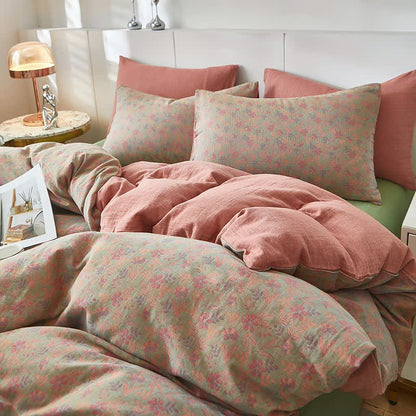Linge de lit en double gaze de coton à motif champêtre et feuilles - Rose - draps de lit - 220 cm x 240 cm - image 0