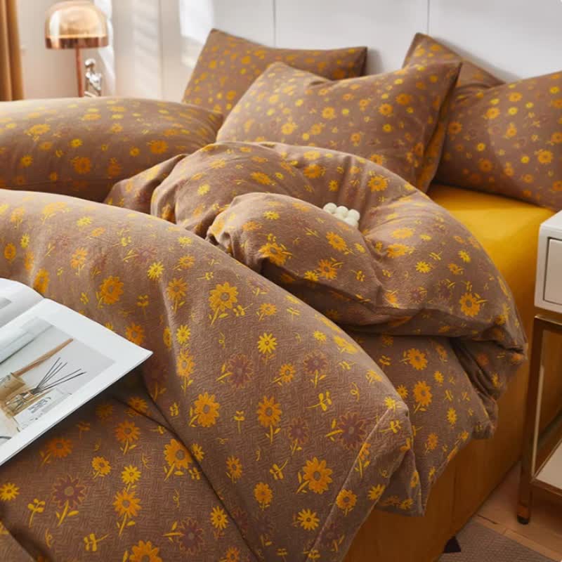 Linge de lit en double gaze de coton à motif de marguerites jaunes - Brun - draps de lit - 220 cm x 240 cm - image 0