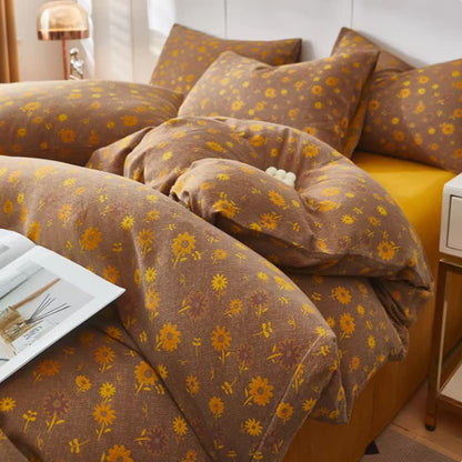 Linge de lit en double gaze de coton à motif de marguerites jaunes - Brun - draps de lit - 220 cm x 240 cm - image 0