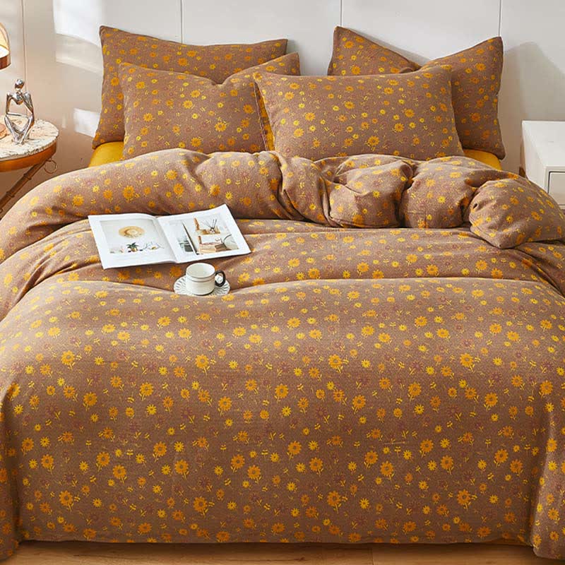 Linge de lit en double gaze de coton à motif de marguerites jaunes - image 1