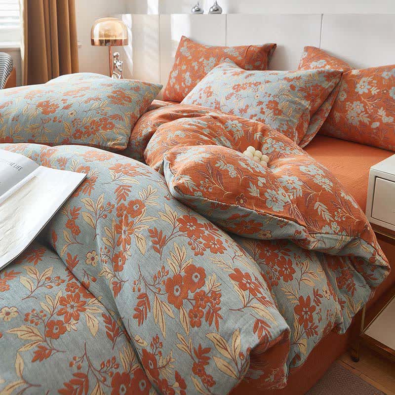 Linge de lit en double gaze de coton orange à motif floral - Orange - draps de lit - 220 cm x 240 cm - image 0