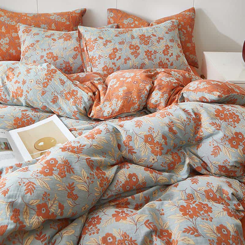 Linge de lit en double gaze de coton orange à motif floral - image 4