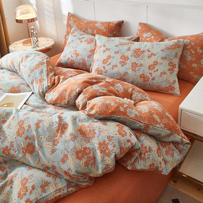 Linge de lit en double gaze de coton orange à motif floral - image 5