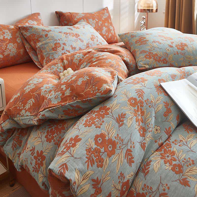 Linge de lit en double gaze de coton orange à motif floral - image 3