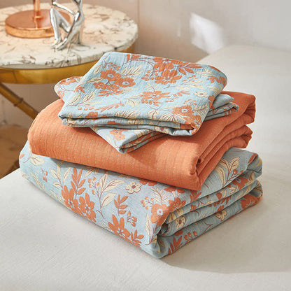 Linge de lit en double gaze de coton orange à motif floral - image 6