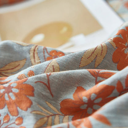 Linge de lit en double gaze de coton orange à motif floral - image 7