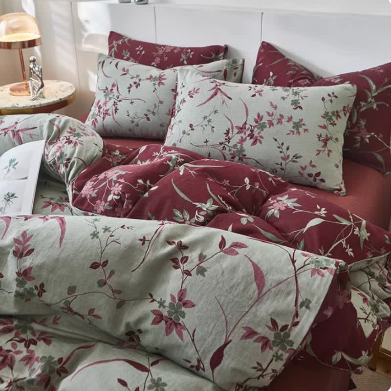 Linge de lit en double gaze de coton à motif de branches et de fleurs - Gris - draps de lit - 220 cm x 240 cm - image 0