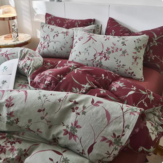 Linge de lit en double gaze de coton à motif de branches et de fleurs - Gris - draps de lit - 220 cm x 240 cm - image 0