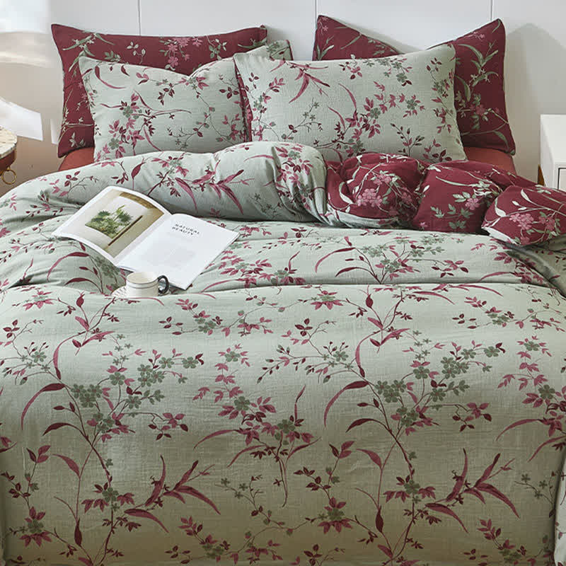 Linge de lit en double gaze de coton à motif de branches et de fleurs - image 1
