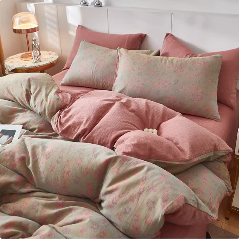 Linge de lit en gaze de coton double épaisseur à motifs floraux et lavande - Rose - draps de lit - 220 cm x 240 cm - image 4